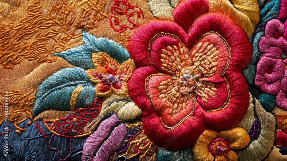 custom made wallpaper toronto digitalIntricate floral embroidery showcasing vibrant colors and craftsmanship on fabric with detailed textures and patterns.