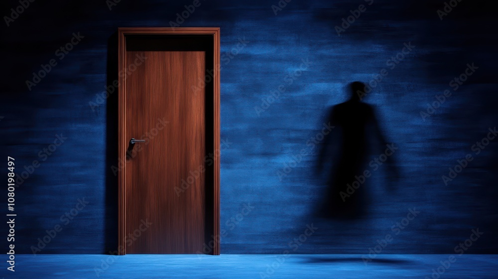 Obraz premium A closed wooden door against a deep blue wall creates an aura of mystery. Subtle lighting casts dramatic shadows, perfect for themes of suspense and the unknown.