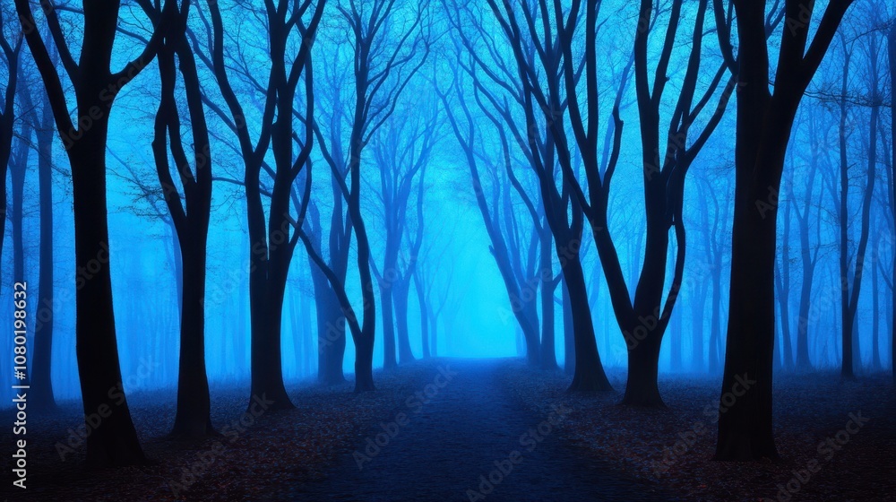 A mysterious landscape features a dense, fog-shrouded forest in deep blue hues. Tall, slender trees create haunting silhouettes along a winding path, inviting exploration. A mysterious landscape features a dense, fog-shrouded forest in deep blue hues. Tall, slender trees create haunting silhouettes along a winding path, inviting exploration.