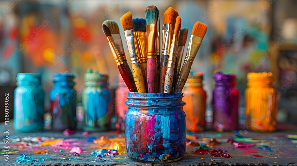 Brushes in a jar display paintbrushes arranged. AI generated Brushes in a jar display paintbrushes arranged. AI generated