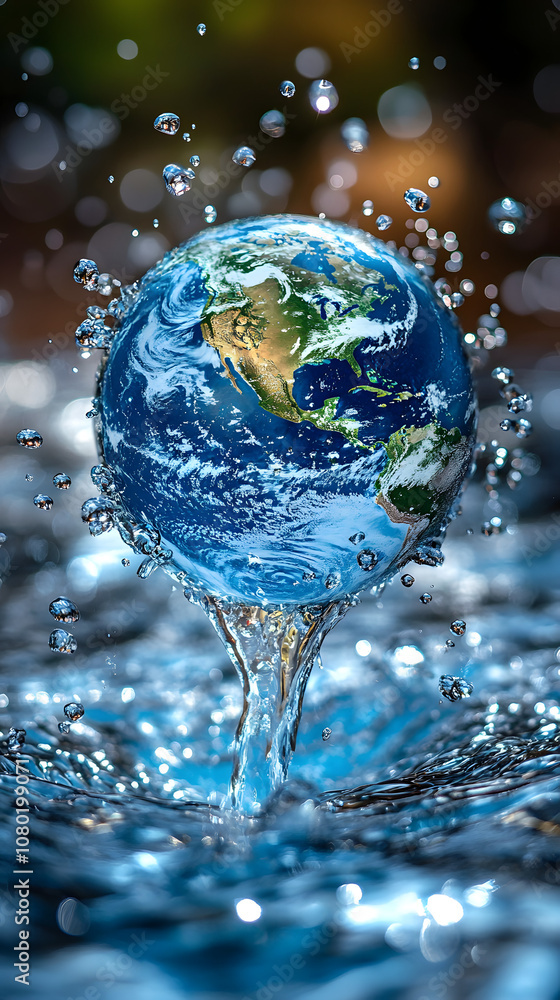 A globe made of water with droplets floating around it and the Earth continents visible.
A globe made of water with droplets floating around it and the Earth continents visible.