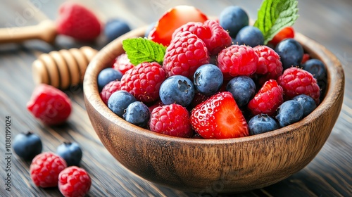 A wooden bowl filled with blueberries, raspberries, and strawberries.