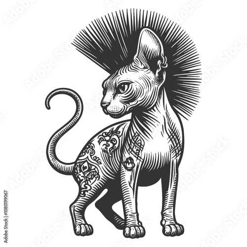 punk-inspired sphynx cat adorned with tattoos, a mohawk, and a spiked collar sketch engraving generative ai vector illustration. Scratch board imitation. Black and white image.