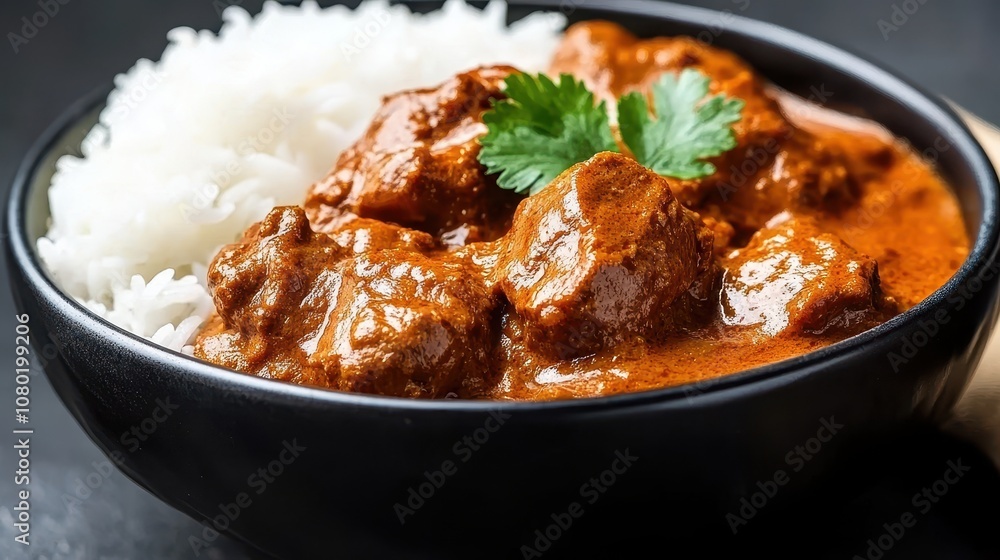 Close-up of tender, slow-cooked meat curry, drenched in vibrant sauce, served with fluffy white rice. fresh cilantro adds touch of green, enhancing this inviting meal. Close-up of tender, slow-cooked meat curry, drenched in vibrant sauce, served with fluffy white rice. fresh cilantro adds touch of green, enhancing this inviting meal.
