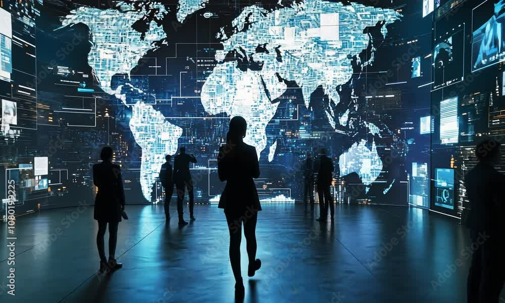 Silhouetted Figures Interacting with a Digital World Map on an ...