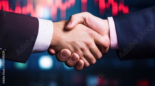 Close-up of two professionals shaking hands, symbolizing partnership and success, with blurred financial chart in the background, highlighting workplace diversity. ideal for business themes.