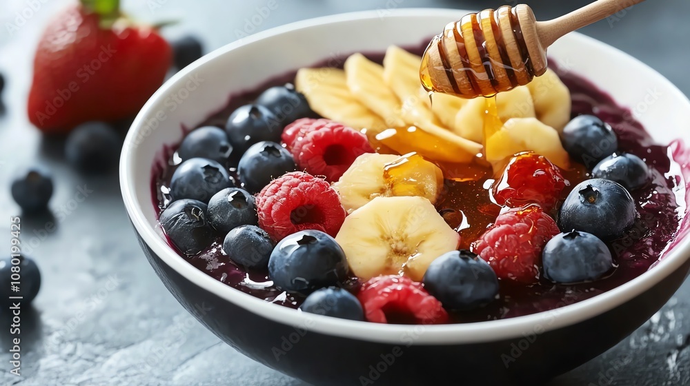 Acai bowl with fresh fruit and granola in a white bowl. Acai bowl with fresh fruit and granola in a white bowl.