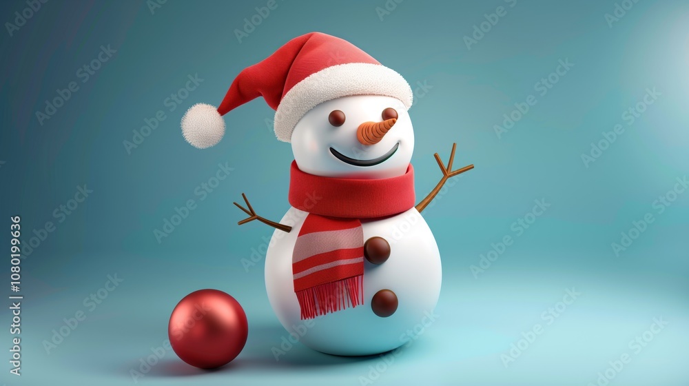 Cheerful snowman wearing a red hat and scarf next to a shiny red ornament on a blue background. Cheerful snowman wearing a red hat and scarf next to a shiny red ornament on a blue background.