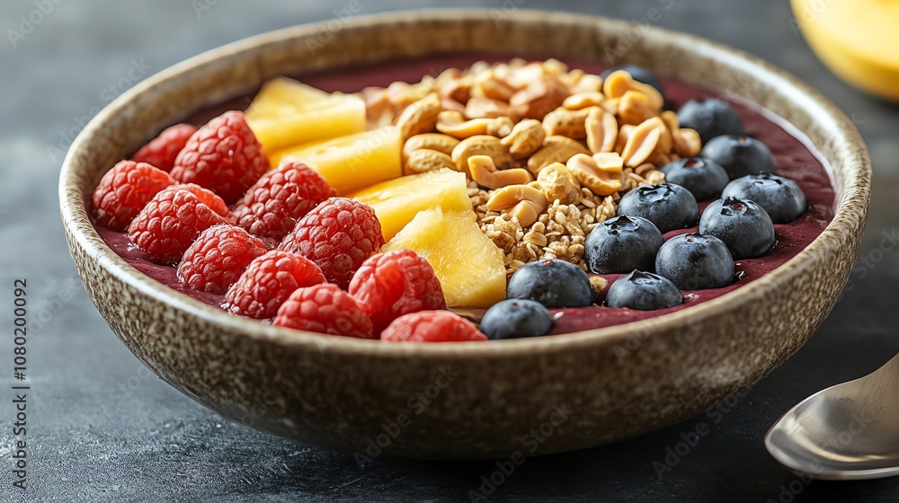Acai bowl with fruit and nuts. Acai bowl with fruit and nuts.
