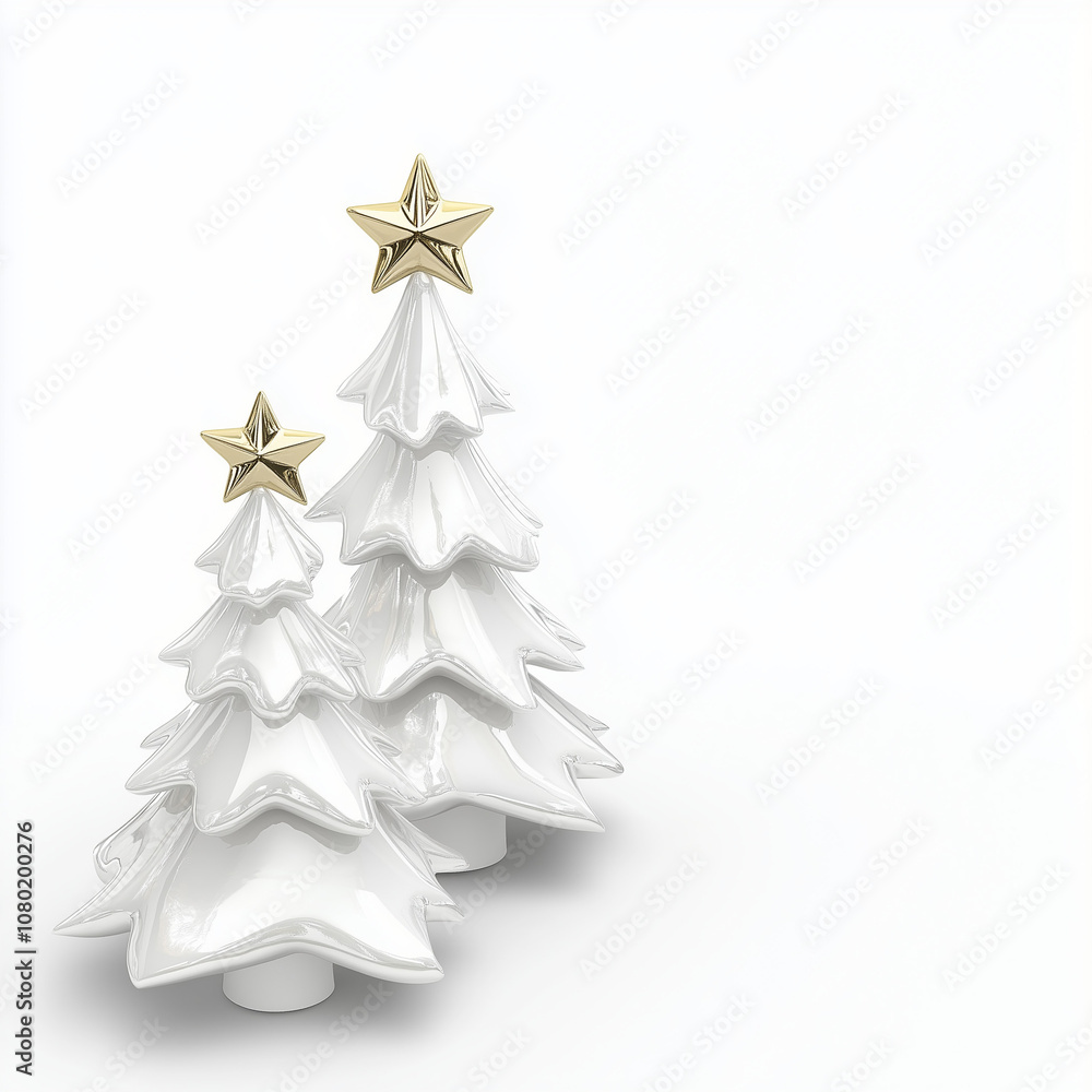 Elegant White Christmas Trees with Golden Stars, Minimalist Christmas Trees in White and Gold. Elegant White Christmas Trees with Golden Stars, Minimalist Christmas Trees in White and Gold.