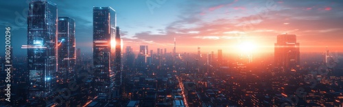 Aerial view of a modern city skyline with tall buildings and a bright sunset.