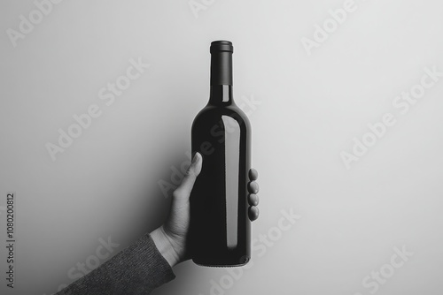 A hand grips a wine bottle mockup, displaying a sleek design against a light gray backdrop. This setup is ideal for showcasing branding or design concepts related to wine packaging. photo