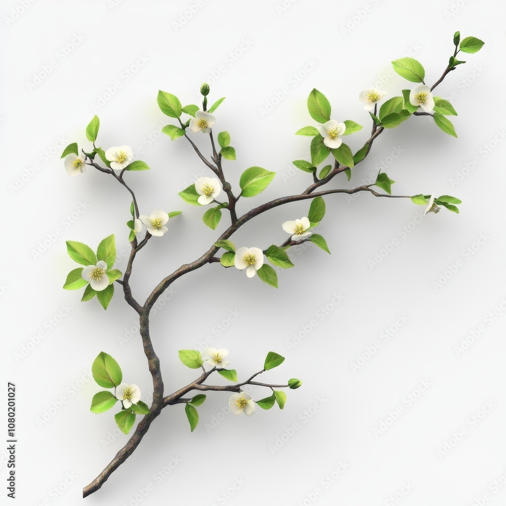 Bright 3D Illustration of Isolated Branch with Flowers and Green Leaves for Eco-Themed Designs Bright 3D Illustration of Isolated Branch with Flowers and Green Leaves for Eco-Themed Designs