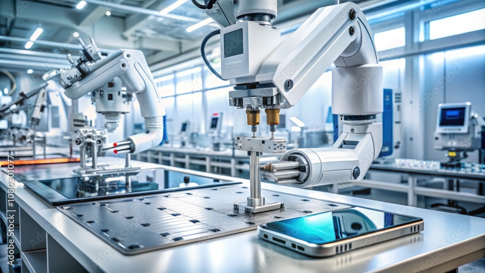 Futuristic Modular Smartphone Assembly in a Sterile Lab with Robotic Arms - Macro Photography of Cutting-Edge Technology and Innovation in Action Futuristic Modular Smartphone Assembly in a Sterile Lab with Robotic Arms - Macro Photography of Cutting-Edge Technology and Innovation in Action