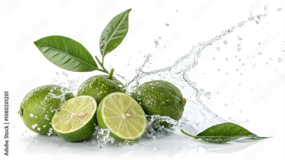 Fresh Limes Splashing with Leaves, Isolated Limes with Water Effect for Food Art
Fresh Limes Splashing with Leaves, Isolated Limes with Water Effect for Food Art