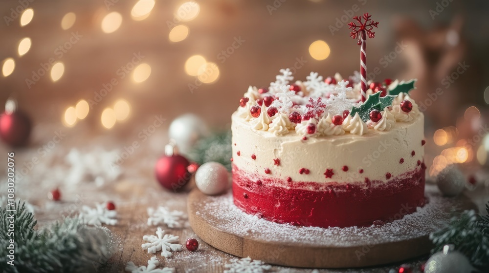 A festive cake decorated with snowflakes and holiday ornaments, set in a cozy atmosphere. A festive cake decorated with snowflakes and holiday ornaments, set in a cozy atmosphere.