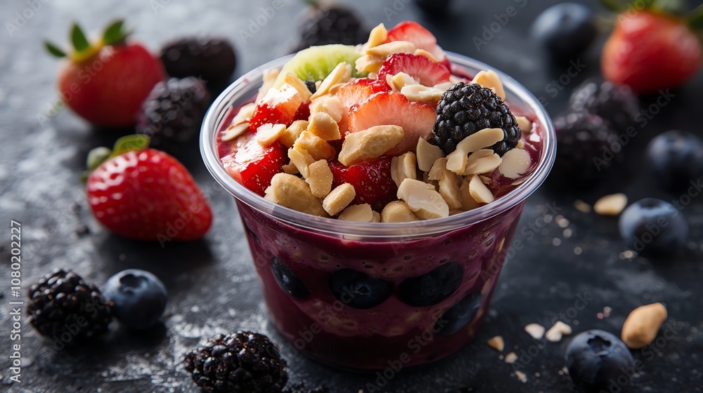 A colorful fruit salad in a clear plastic cup. A colorful fruit salad in a clear plastic cup.