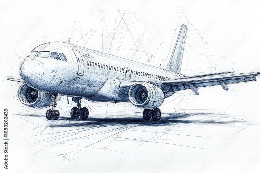 This technical sketch depicts a meticulously detailed airplane design, highlighting essential features of commercial aviation. This technical sketch depicts a meticulously detailed airplane design, highlighting essential features of commercial aviation.