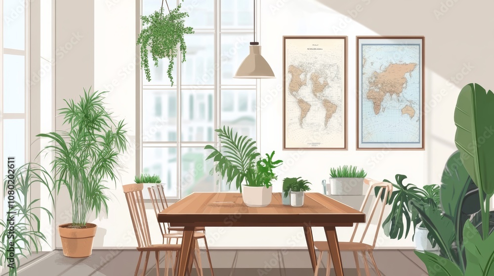 Stylish and botany interior of dining room with design modern home decor. Template. Stylish and botany interior of dining room with design modern home decor. Template.
