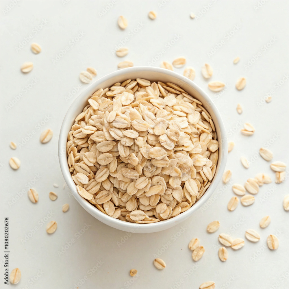 A white bowl filled with rolled oats, with some oats scattered around, creating a simple and rustic look. A white bowl filled with rolled oats, with some oats scattered around, creating a simple and rustic look.