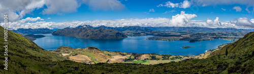 Panoramic view of Wanaka Lake from Roys Peak, New Zealand