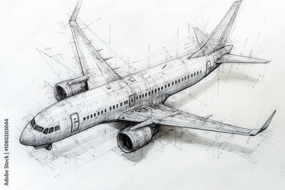 A detailed technical sketch reveals an aircraft design viewed from above, highlighting the structural components, engine placement, and aerodynamic features, ideal for commercial application. A detailed technical sketch reveals an aircraft design viewed from above, highlighting the structural components, engine placement, and aerodynamic features, ideal for commercial application.