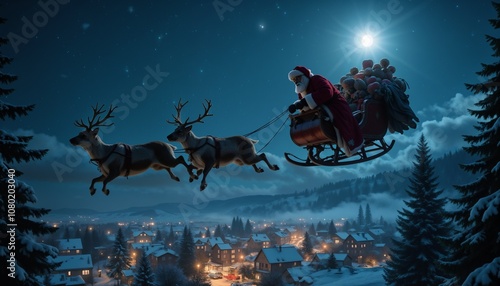 Santa Clause soaring over a snowy town at night. Warm and festive lighting. Sleigh filled with presents. Peaseful holiday atmosphere. photo