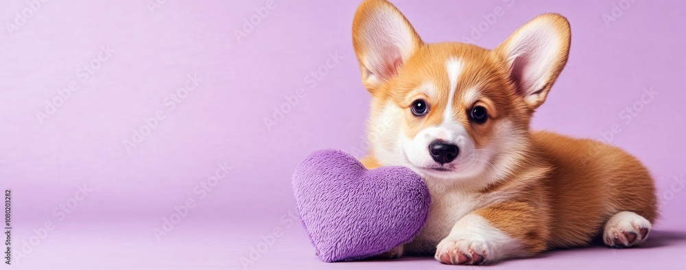 A cute corgi puppy lying on a purple background with a heart-shaped plush toy. A cute corgi puppy lying on a purple background with a heart-shaped plush toy.