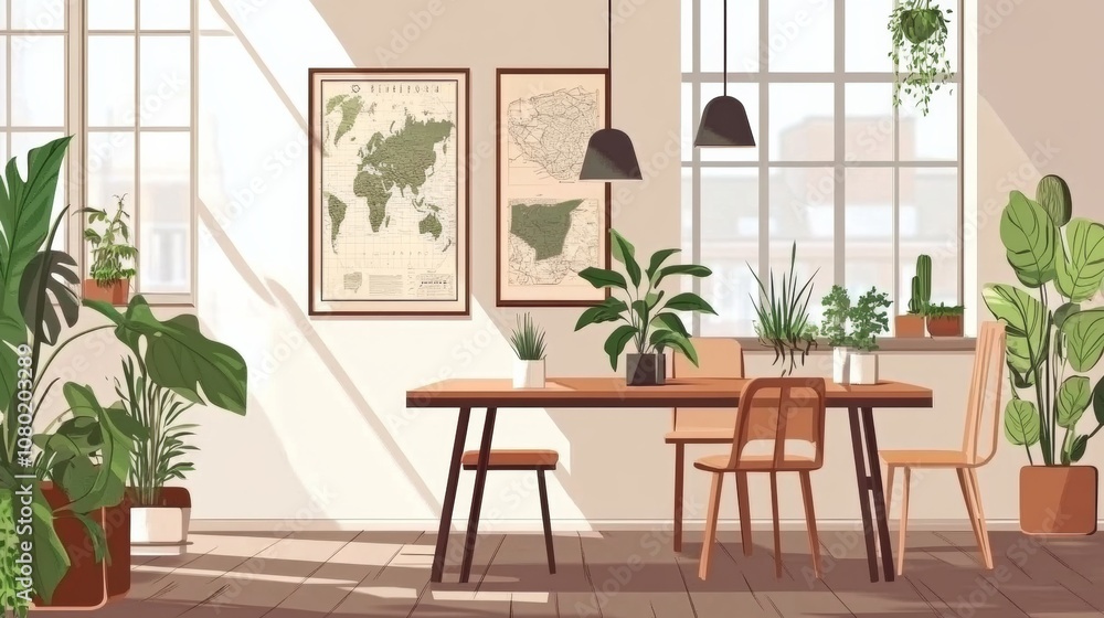 Stylish and botany interior of dining room with design modern home decor. Template. Stylish and botany interior of dining room with design modern home decor. Template.