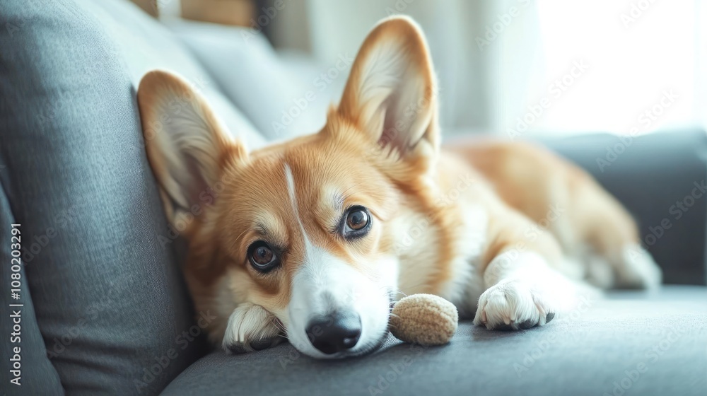 A relaxed corgi lying on a couch, looking curiously at the camera. A relaxed corgi lying on a couch, looking curiously at the camera.