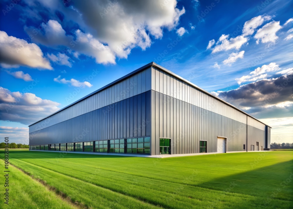 Fototapeta premium Industrial Warehouse Hangar for Storage: A Vast Landscape Showcasing Modern Architecture and Expansive Open Spaces Under a Clear Blue Sky