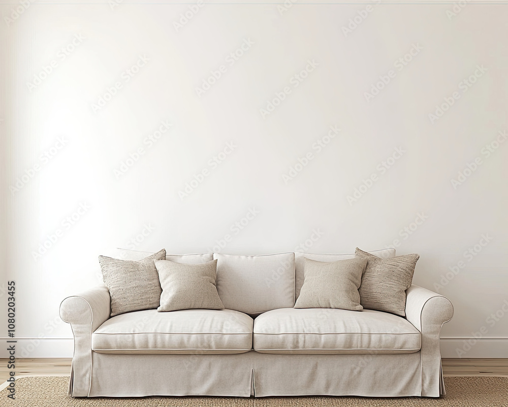 Naklejka premium Plain White Wall with Soft Beige Loveseat and Natural Accents for a Cozy Living Area