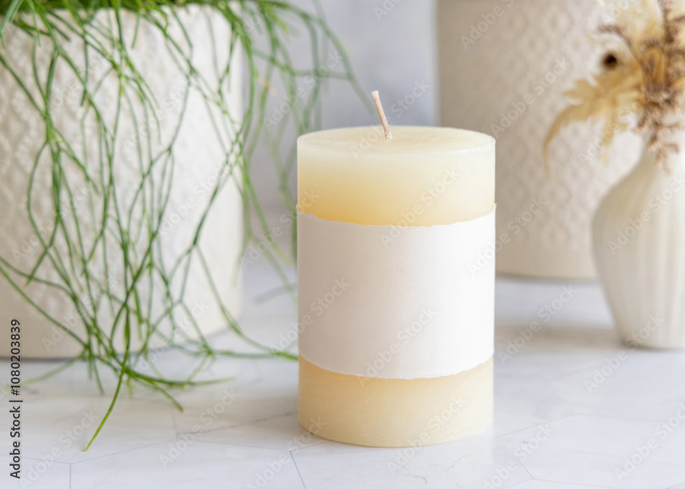 Pillar candle with blank label on marble near potted green plant close up, mockup Pillar candle with blank label on marble near potted green plant close up, mockup
