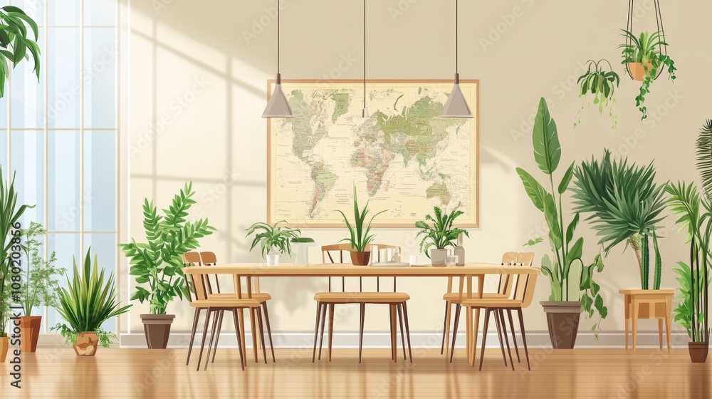 Stylish and botany interior of dining room with design modern home decor. Template. Stylish and botany interior of dining room with design modern home decor. Template.