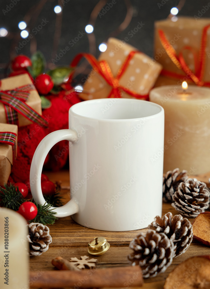 White coffee mug near red knitted sweater and Christmas decor and lights, winter mockup White coffee mug near red knitted sweater and Christmas decor and lights, winter mockup