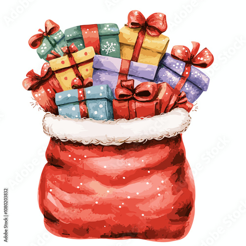 Festive watercolor illustration of Santa's red sack filled with colorful Christmas gifts. Brimming with presents, symbolizing the joy and generosity. Isolated on white background