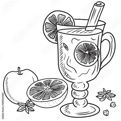 Hot mulled wine with orange slices and cinnamon sticks in black color isolated on white background. Hand drawn vector sketch illustration in doodle engraved line art style. Winter wine drink