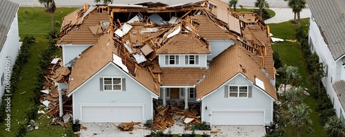 Storm-damaged house in Florida, roof with severe shingle loss, visual impact of hurricane destruction photo