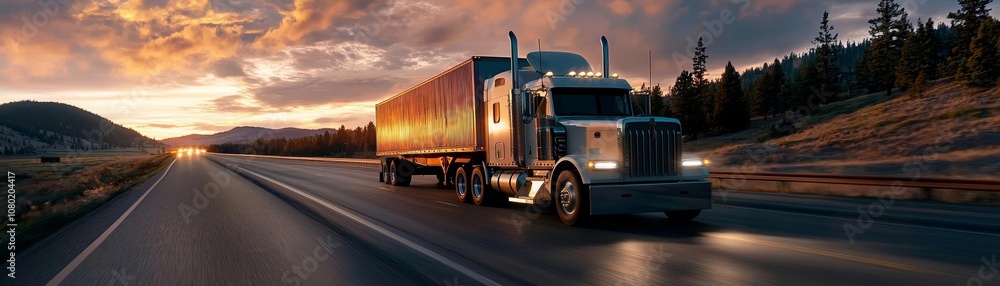 Fast-moving truck on an open highway, vibrant sunset and forested hills, cargo delivery Fast-moving truck on an open highway, vibrant sunset and forested hills, cargo delivery