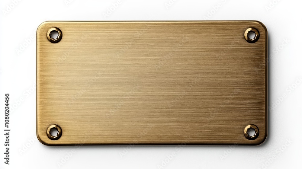 Golden brushed nameplate with bolted corners, blank metallic plaque mockup, sleek and isolated on white backdrop Golden brushed nameplate with bolted corners, blank metallic plaque mockup, sleek and isolated on white backdrop