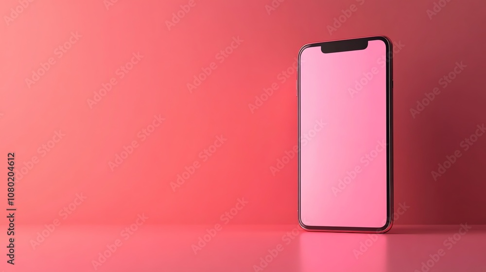 A black smartphone with a blank screen is sitting on a pink surface with a pink background. A black smartphone with a blank screen is sitting on a pink surface with a pink background.