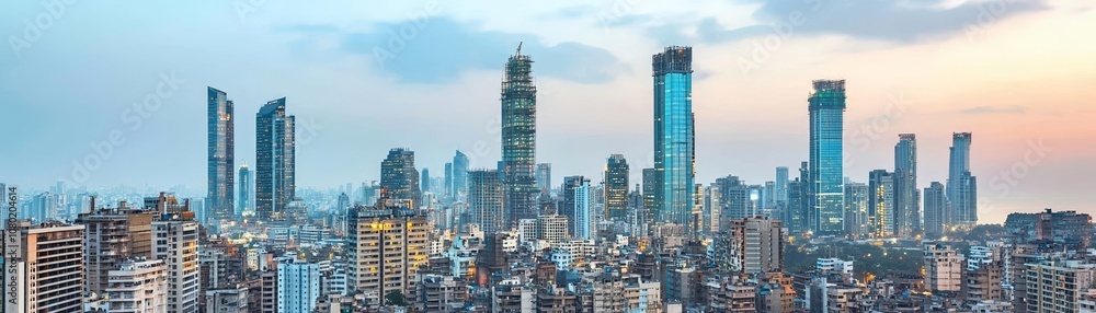 Fototapeta premium Mumbai city skyline, blend of iconic heritage structures and modern skyscrapers, illuminated by evening light