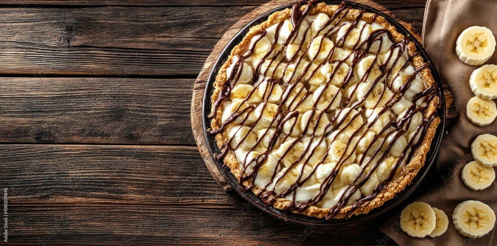 A delicious banana cream pie drizzled with chocolate, displayed on a wooden surface. A delicious banana cream pie drizzled with chocolate, displayed on a wooden surface.