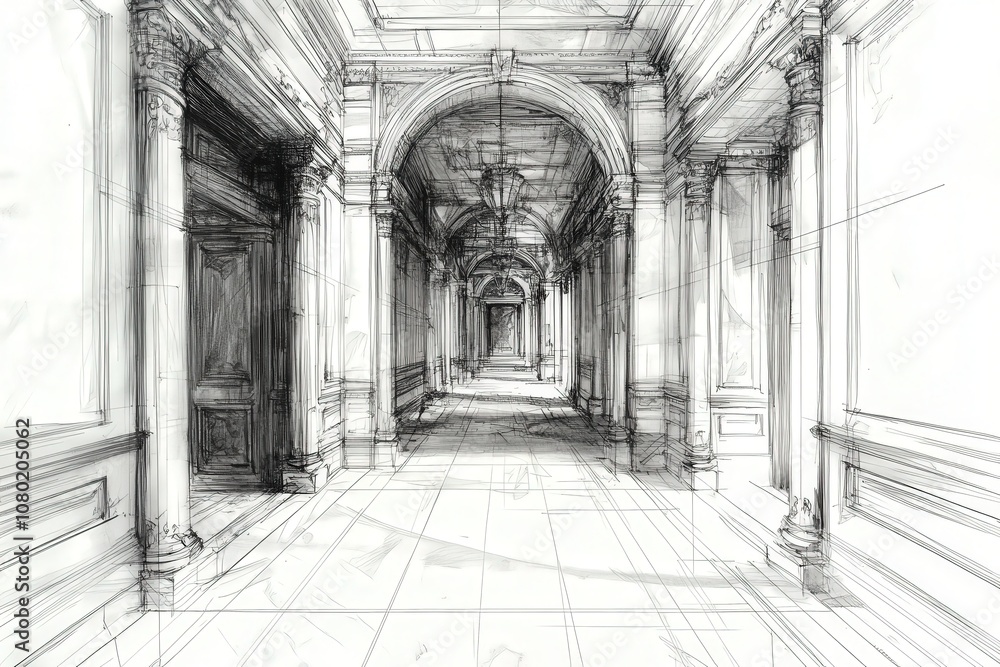 This technical sketch showcases a hallway featuring parallel arches and decorative columns. The design emphasizes architectural details and depth, revealing an artistic perspective on spatial layout. This technical sketch showcases a hallway featuring parallel arches and decorative columns. The design emphasizes architectural details and depth, revealing an artistic perspective on spatial layout.