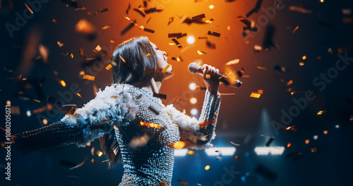 Portrait of a Female Artist Passionately Performing an Emotional Song on Stage. Musician Wearing a Creative Outfit, Holding a Microphone, Glittering Confetti Falling Down, Reflecting Dramatic Lights