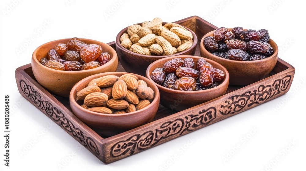 A delightful variety of nuts and dried fruits is artistically displayed in small bowls on an intricately carved wooden tray, ideal for enhancing any gathering or celebration. A delightful variety of nuts and dried fruits is artistically displayed in small bowls on an intricately carved wooden tray, ideal for enhancing any gathering or celebration.