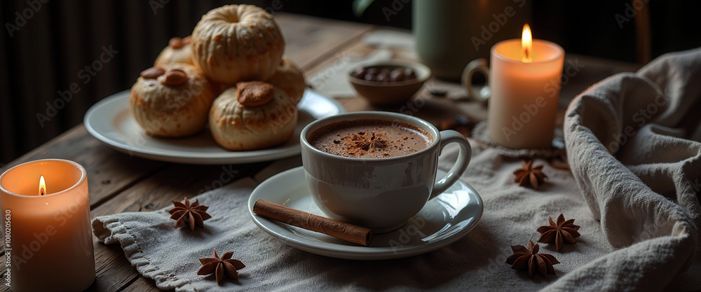 A table with a white plate of pastries and a white coffee cup with a cinnamon stick in it. The table is lit by candles and there are two cups of coffee A table with a white plate of pastries and a white coffee cup with a cinnamon stick in it. The table is lit by candles and there are two cups of coffee