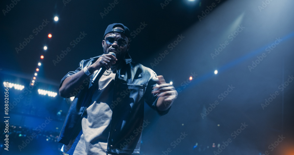 Naklejka premium Portrait of a Male Rapper Singing an Emotional Song. Spectacular Concert with a Talented Hip Hop Star. His Soulful Voice and Catchy Tunes Keep the Audience Vibing to the Sounds of Modern Music