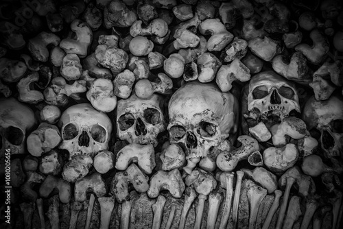 фотографія Stacked human bones and skulls built to a wall in an old Southern European monas
