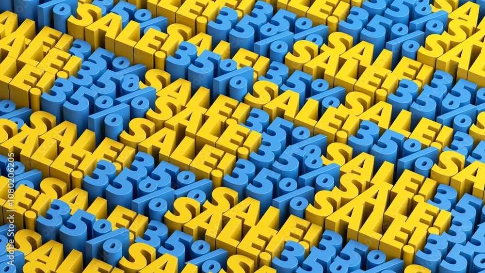 Fototapeta premium Blue and yellow 35% off sale offer background. 10 to 90 percent discount sale signs in a rows for flash sale, cyber week, mega sale, black friday, black week advertising and discount promotion offer.
